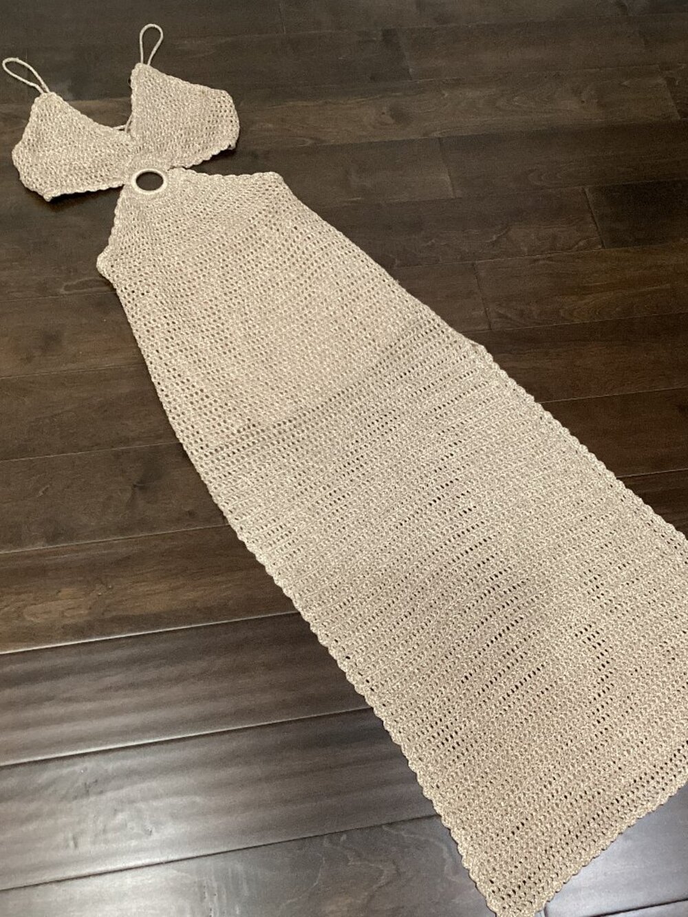 Calypso Gold Crocheted Maxi Dress With Side Cutouts and Spaghetti Strap Tie Back